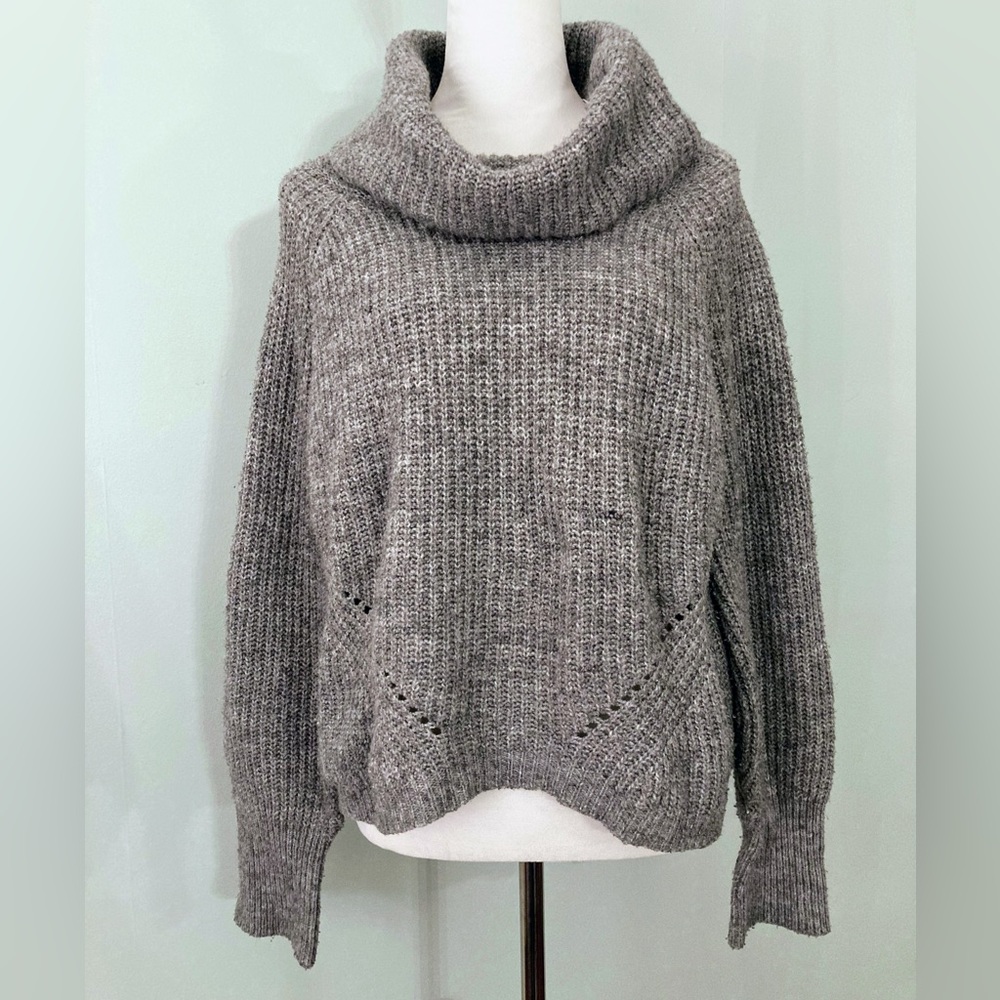 PINK ROSE Cowl Neck Bishop Sleeve Chunky Knit Gray Sweater